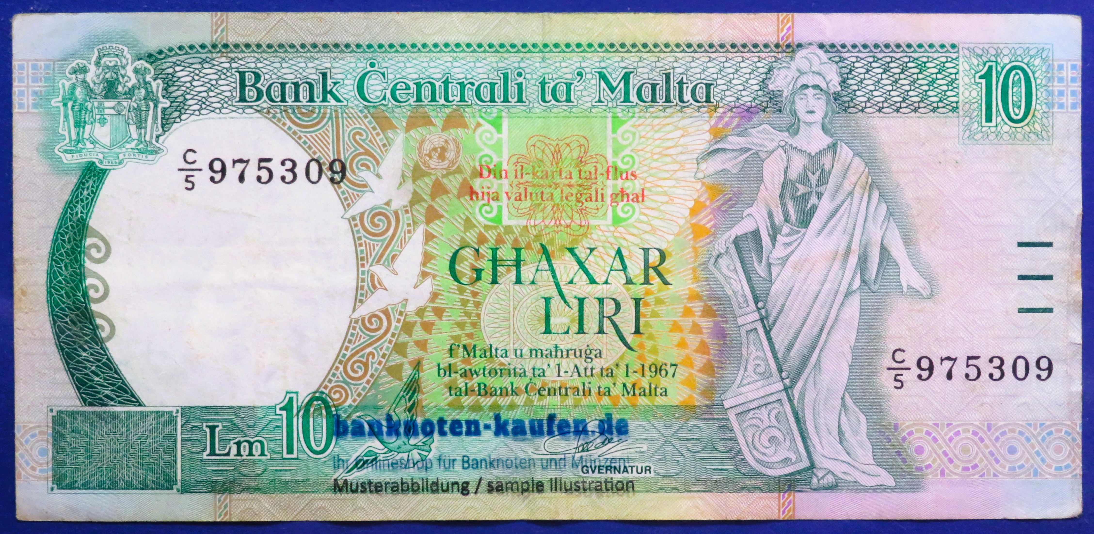 Malta, 10 Liri, L.1967 (1989), circulated (USED / VF), P-43a