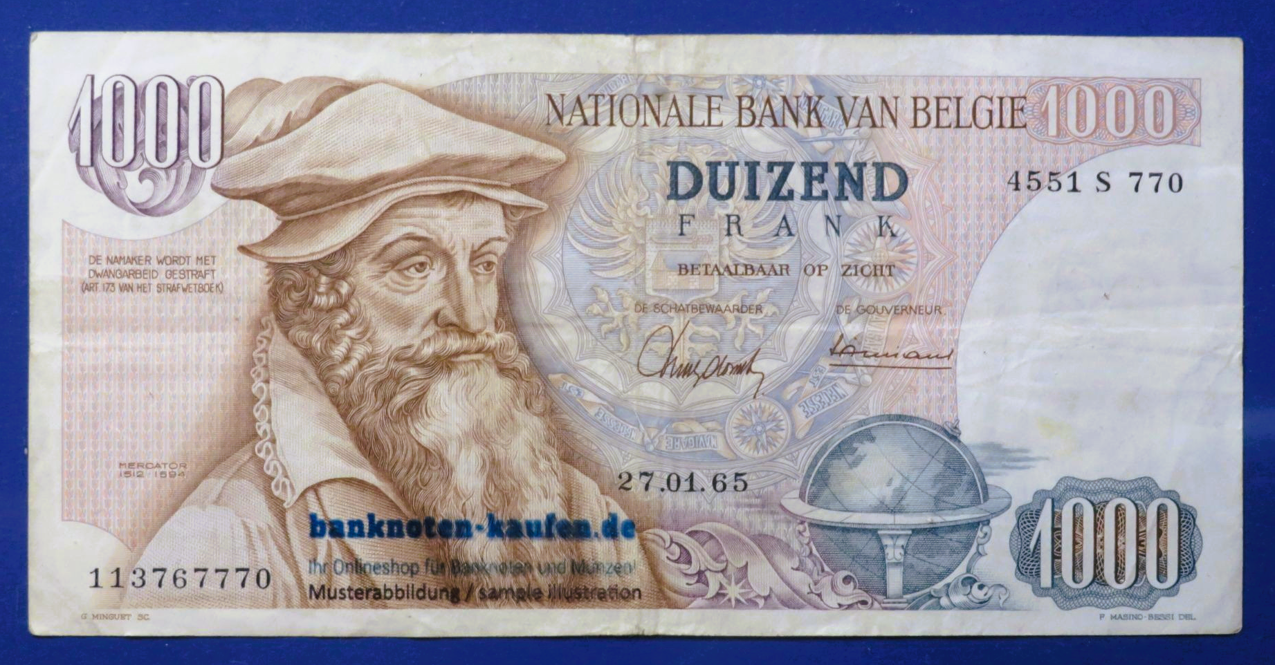 Belgium - 1,000 Francs, 1965, circulated (USED / VF), P-136