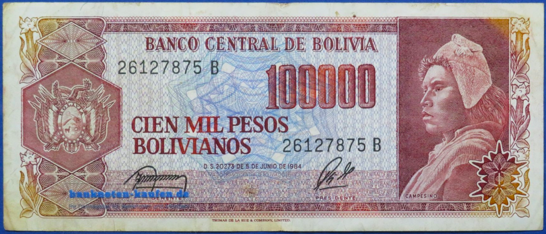 Bolivien, 100.000 Pesos Bolivianos, D. 1984, gebraucht (USED/ VF-), P-171