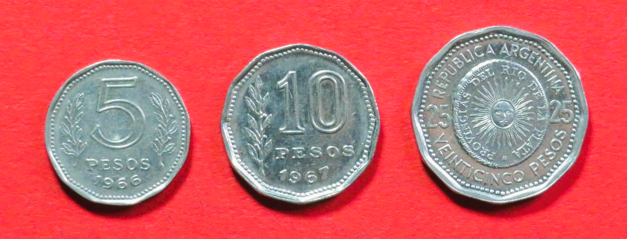 Argentina - Set 3:  5/10/25 Pesos, 1961-1968, circulated (used / vf), # 59-61
