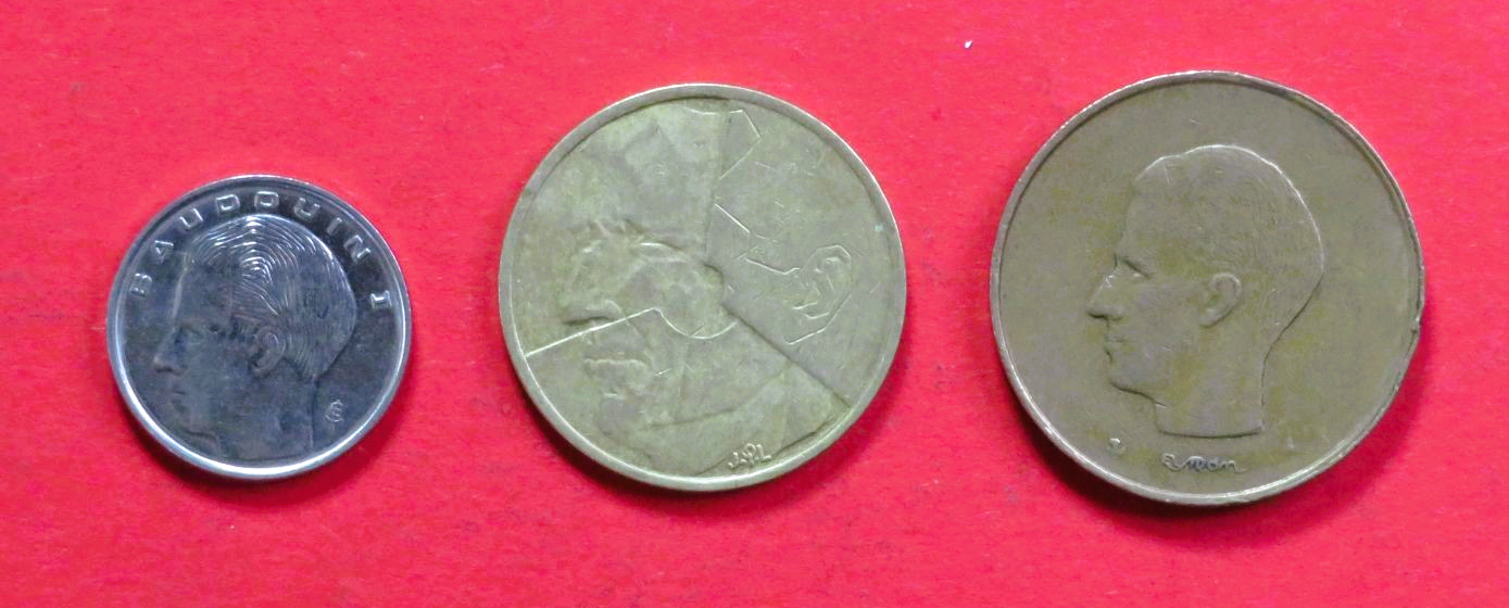 Belgium - Set 13:  1/5/20 Francs (fr-type), 1980-1993, circulated (USED / vf)