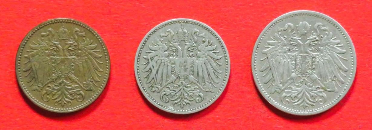 Austria - Set 1:  2/10/20 Heller, 1892-1915, circulated (used / vf+), # 4-6