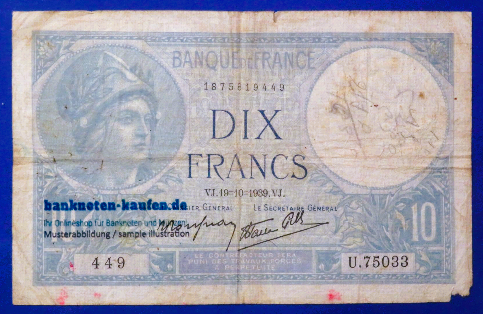 France, 10 Francs, 1939, circulated (USED / G), P-84