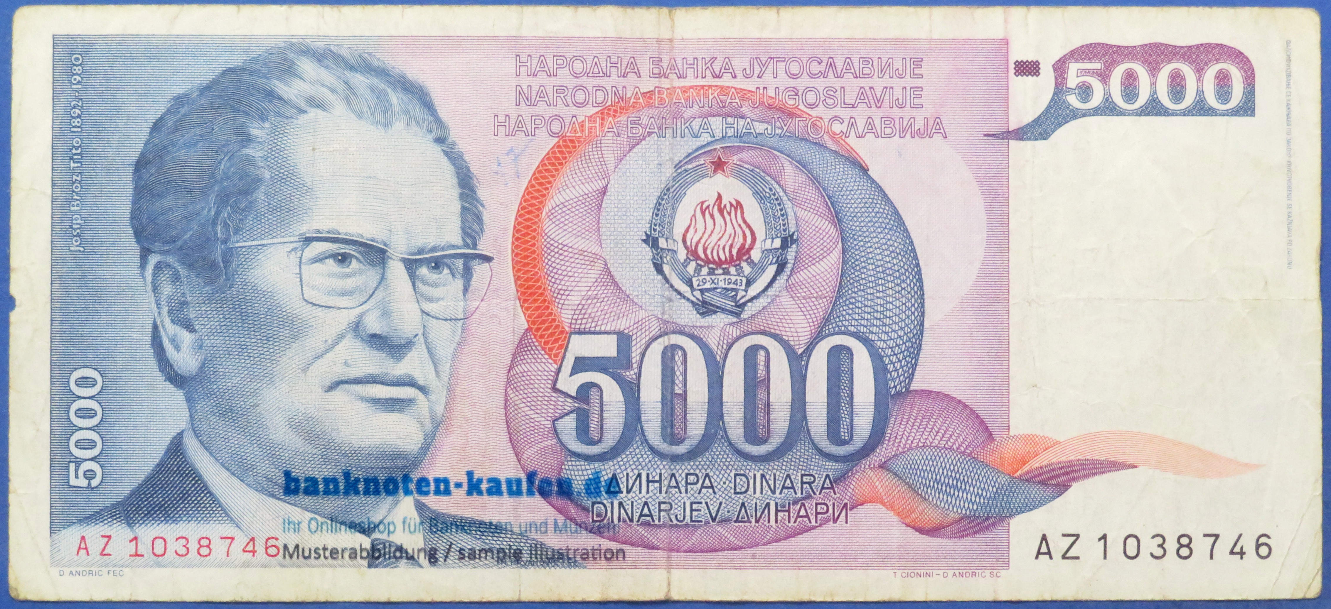 Jugoslawien, 5.000 Dinara, 1985, gebraucht (USED / F), P-93a