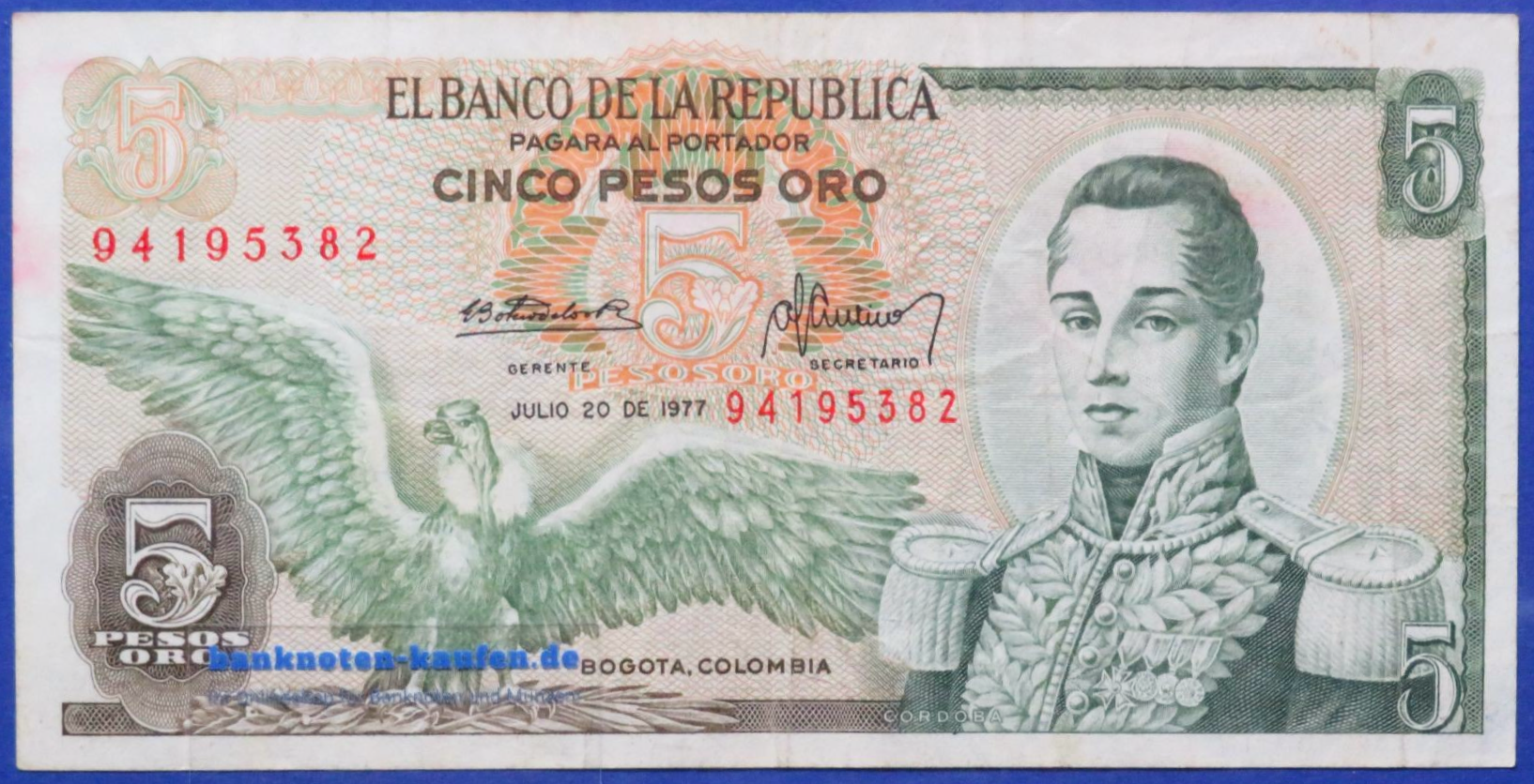 Kolumbien, 5 Pesos oro, 1977, gebraucht (USED / F), P-406e