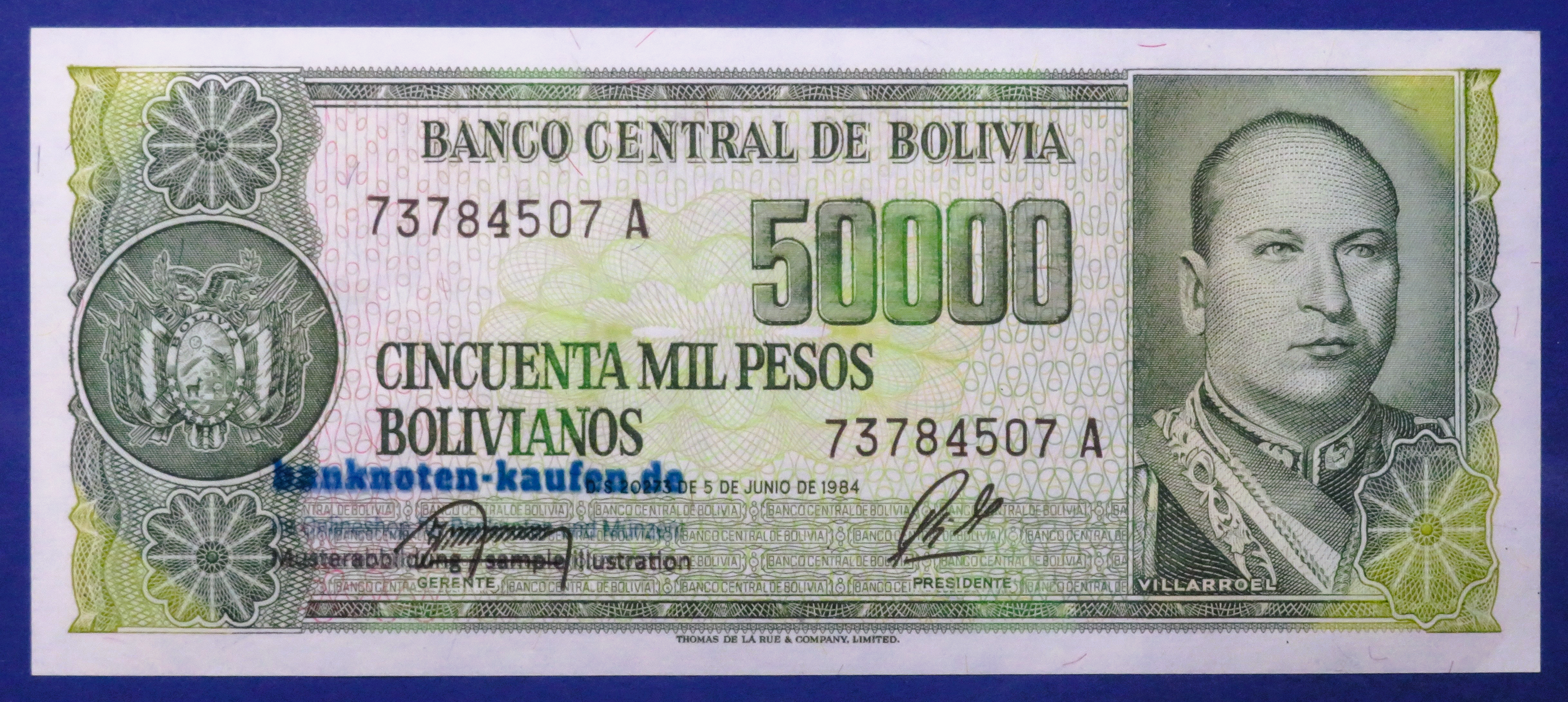 Bolivia - 50,000 Bolivianos, D. 1984, about uncirculated (AU), P-170a
