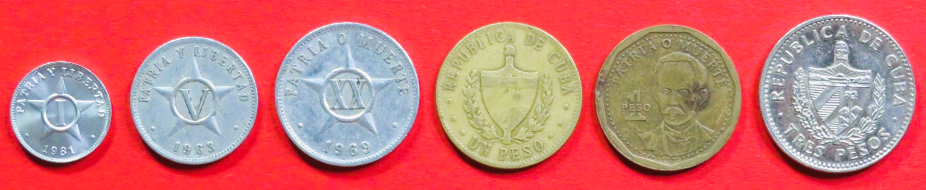 Karibik - Set 1:  1/5/20 Centavos + 1/1/3 Pesos, 1963-2002, gebraucht (used / ss+), # 31/32/33/A34/B34/C34