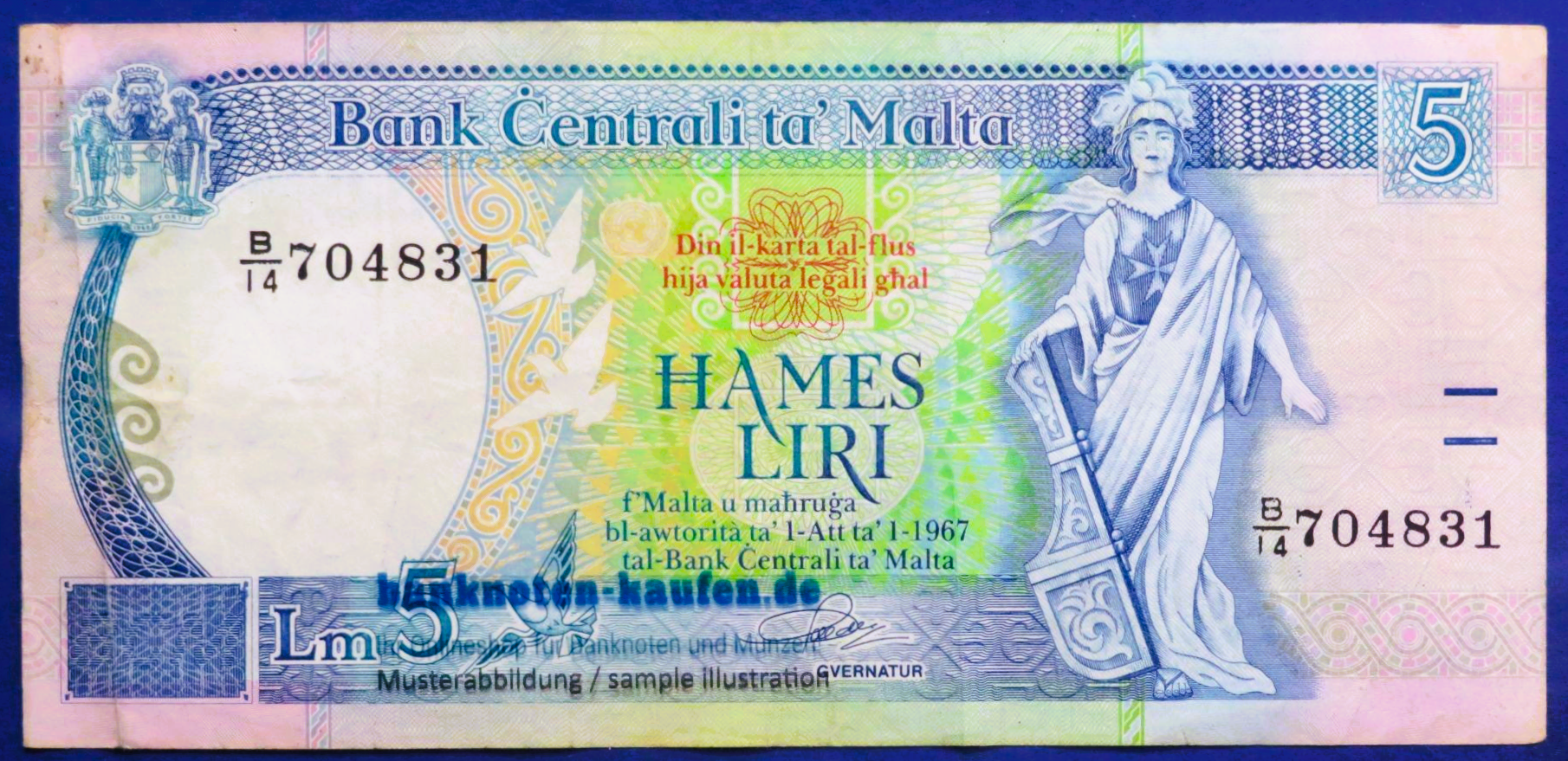 Malta, 5 Liri, L.1967 (1989), circulated (USED / VF), P-42a