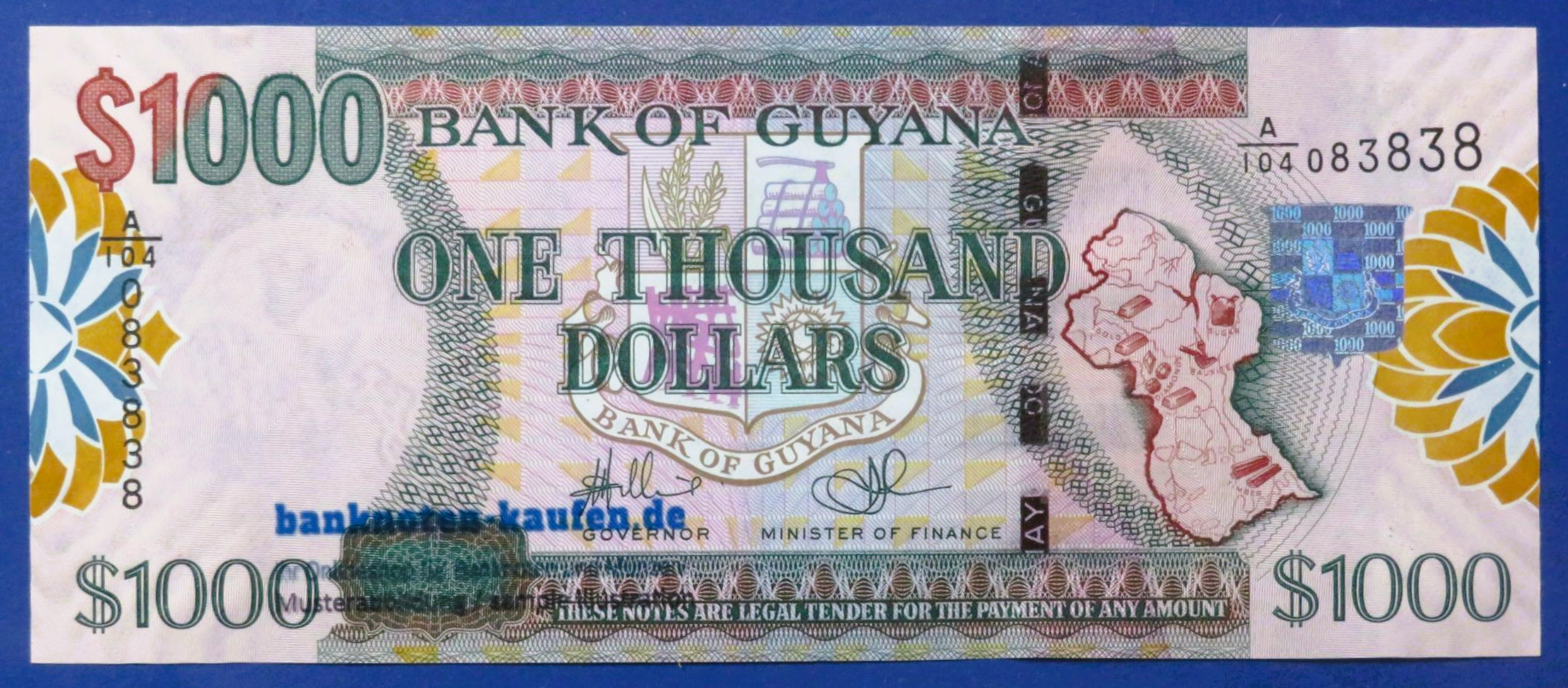 Guyana - 1,000 Dollars, 2000ND, uncirculated (UNC), P-35 (SN: 083838)