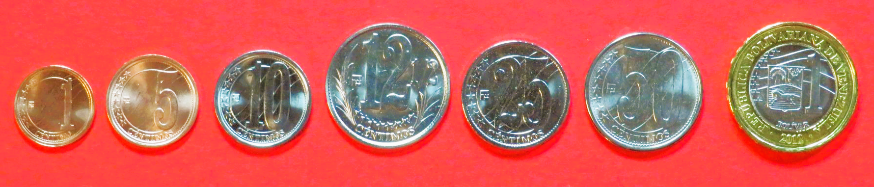 Venezuela, 1/5/10/12,5/25/50 Centimos + 1 Bolivar, 2007, unzirkuliert (UNC)