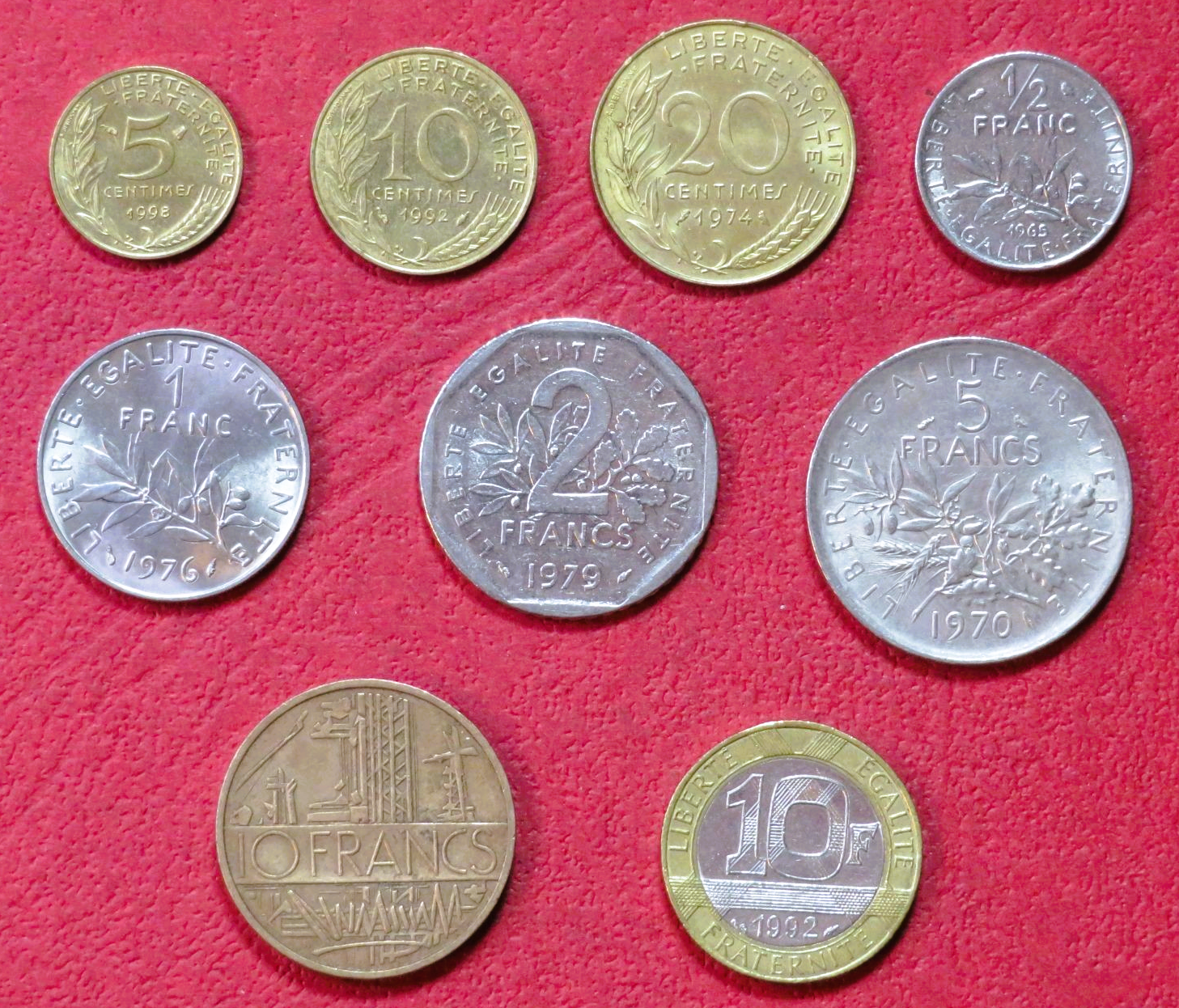 France - Set Nr. 6: set of 9 coins, 0,05-10 Francs, 1962-96/2001, circulated (USED / vf) 