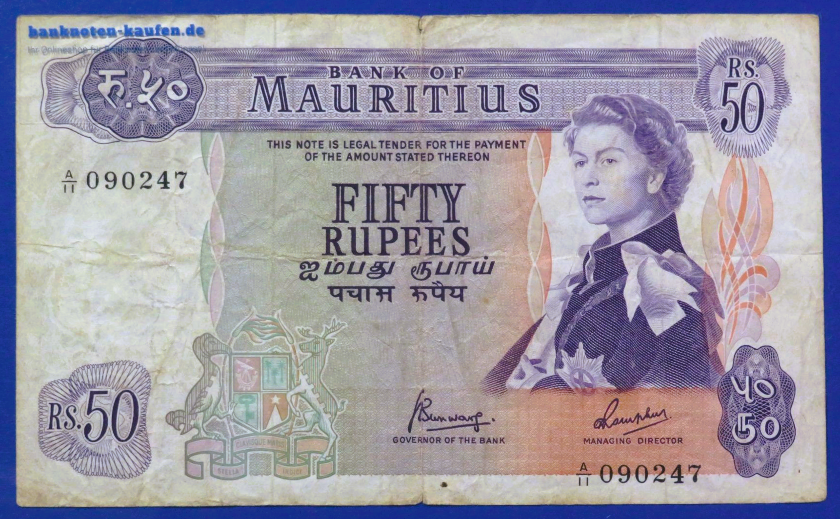 Mauritius, 50 Rupees, 1967ND, circulated (USED / F), P-33c