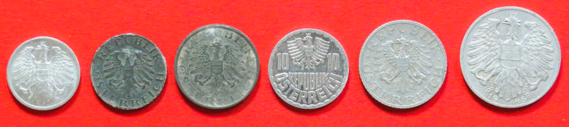 Austria - Set 5:  2/5/10/10/50 Groschen + 1 Schilling, 1946+, circulated (used / vf), # 64-67/69-70