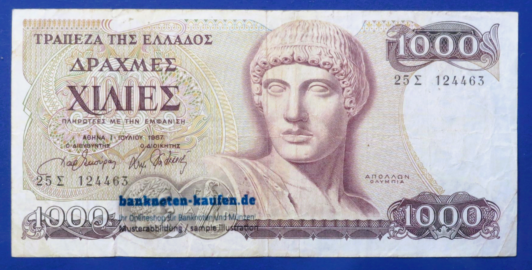 Greece - 1,000 Drachmes, 1987, circulated (USED / F), P-202