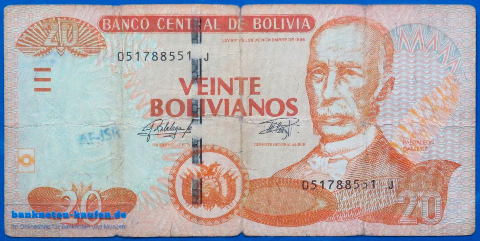 Bolivien, 20 Bolivianos, L. 1986, gebraucht (USED / VG), P-244