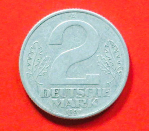 DDR: 2 Deutsche Mark, 1957, gebraucht (used / ss), # 14