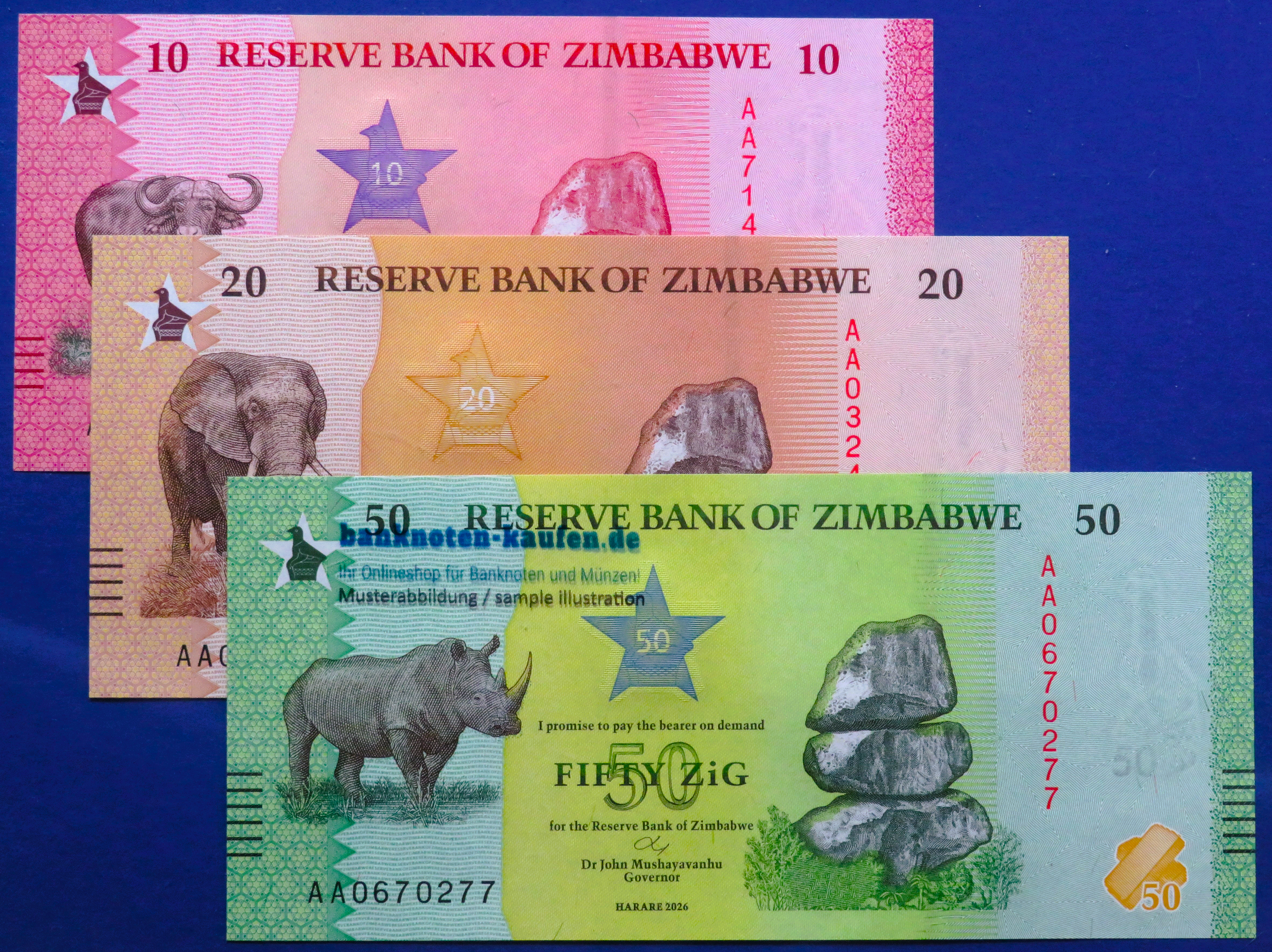 Zimbabwe, Set 10/20/50 ZiG, 2026, uncirculated (UNC), P-new
