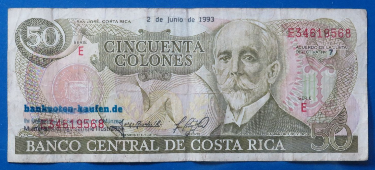 Costa Rica, 50 Colones, 1993, circulated (USED / F-VF), P-257