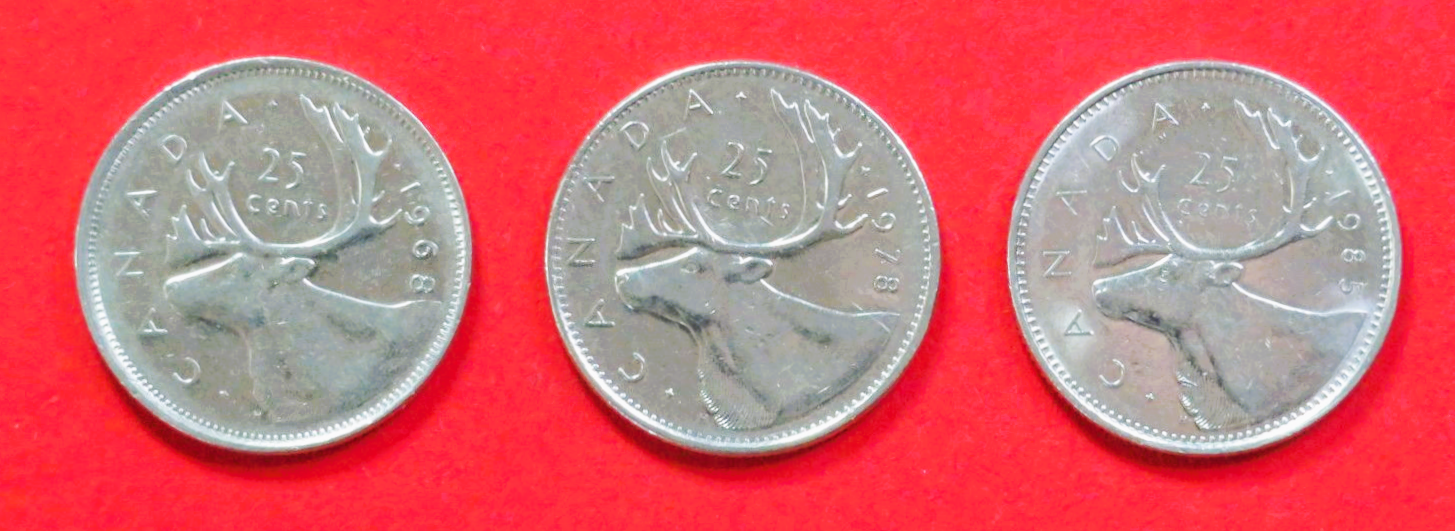 Canada - Set:  3 x 25 Cents (variants), 1968-1989, circulated (used / vf), # 62b.1/62b.2/62b.3