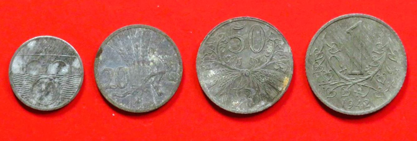 Czechoslovakia - Set 5:  10/20/50 Haleru + 1 Koruna, 1940-44, circulated (USED / vf)
