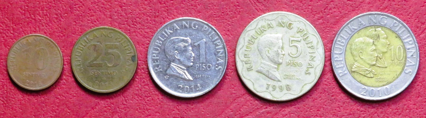 Philippinen Set 1:  5 Münzen, 0,1-10 Piso, 1995-2017, gebraucht (USED / ss)