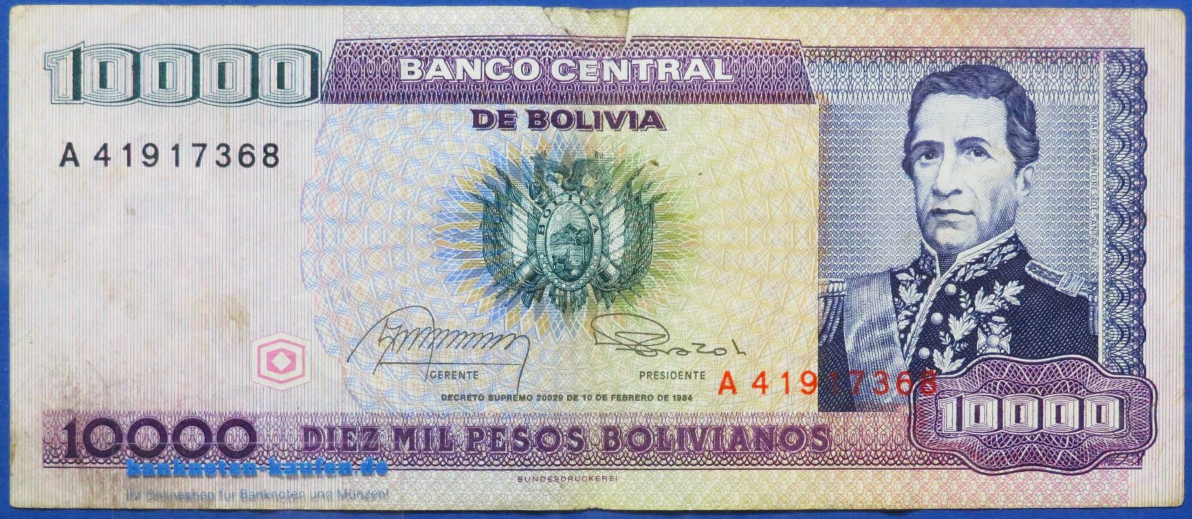 Bolivien, 10.000 Pesos Bolivianos, D. 1984, gebraucht (USED / VG), P-169