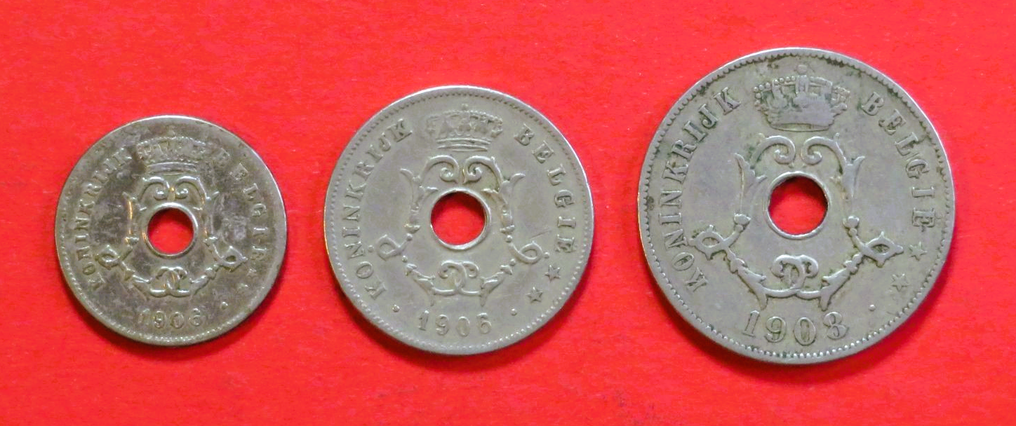 Belgium - Set 1:  5/10/25 Centiemen (nl-type), 1902-1908, circulated (USED / vf), Leopold II.