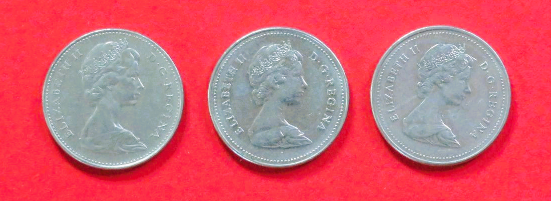 Canada - Set:  3 x 5 Cents (variants), 1965-1989, circulated (used / vf), # 60.1/60.2/60a