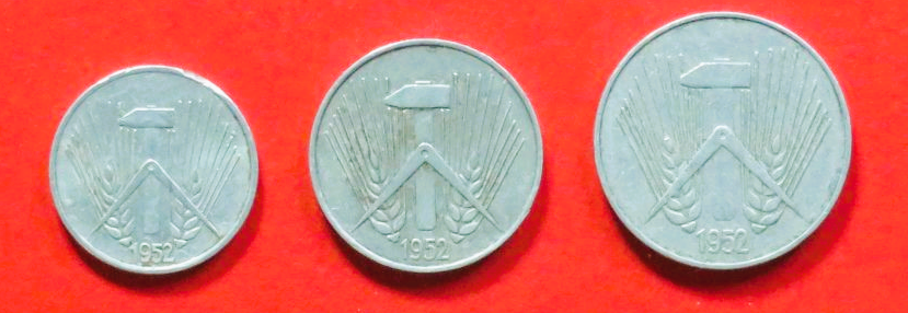 GDR - Set 2: 1/5/10 Pfennig, 1950-1952, circulated (used / vf), # 5-7