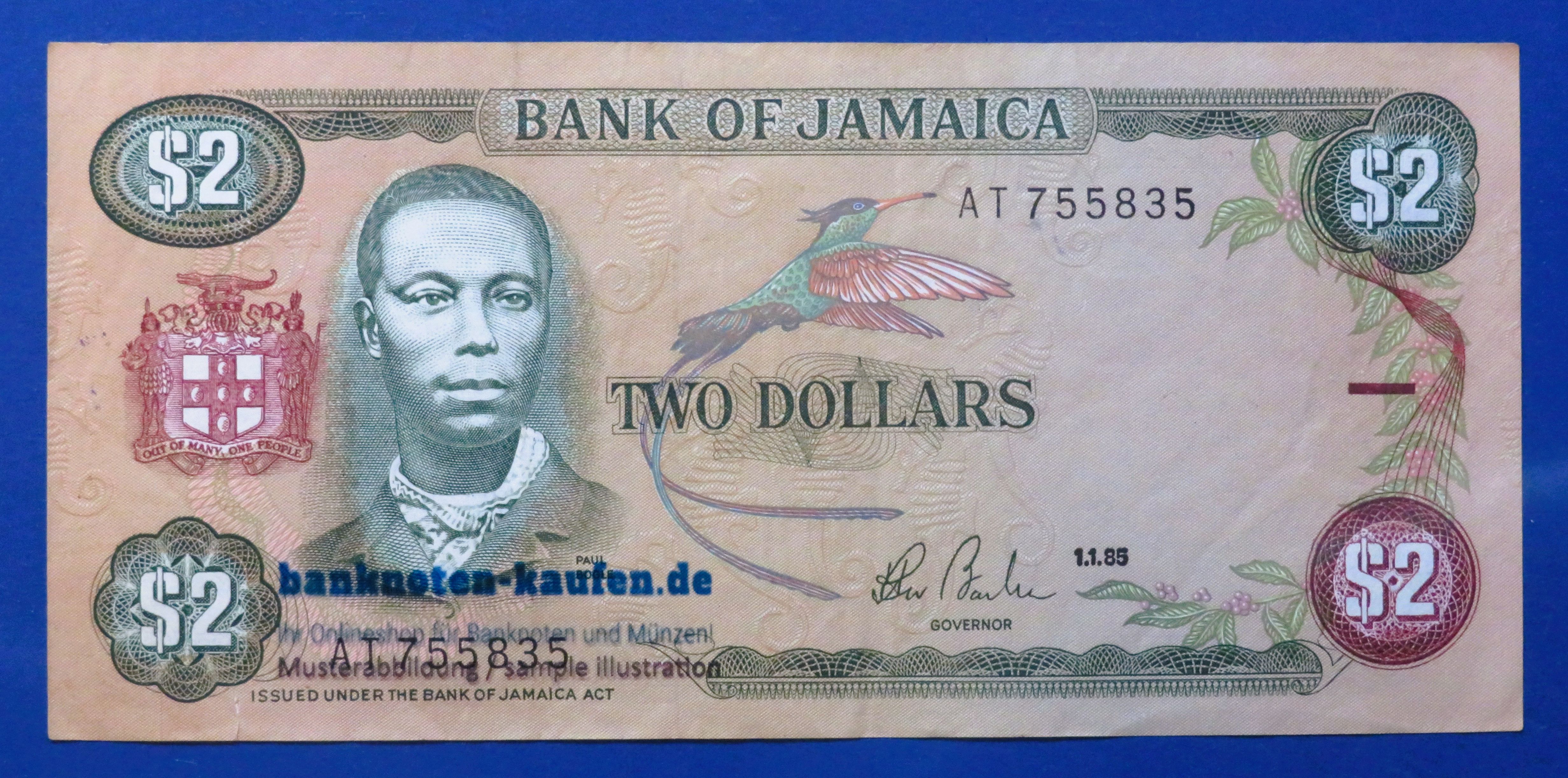 Jamaica, 2 Dollars, 1985, circulated (USED / VF+), P-69a