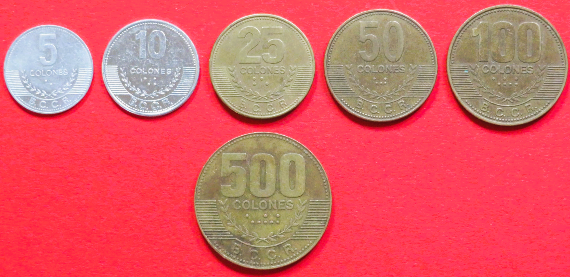 Costa Rica - Set 2:  5/10/25/50/100/500 Colones, 2005+, gebraucht (used / ss), # 88-93