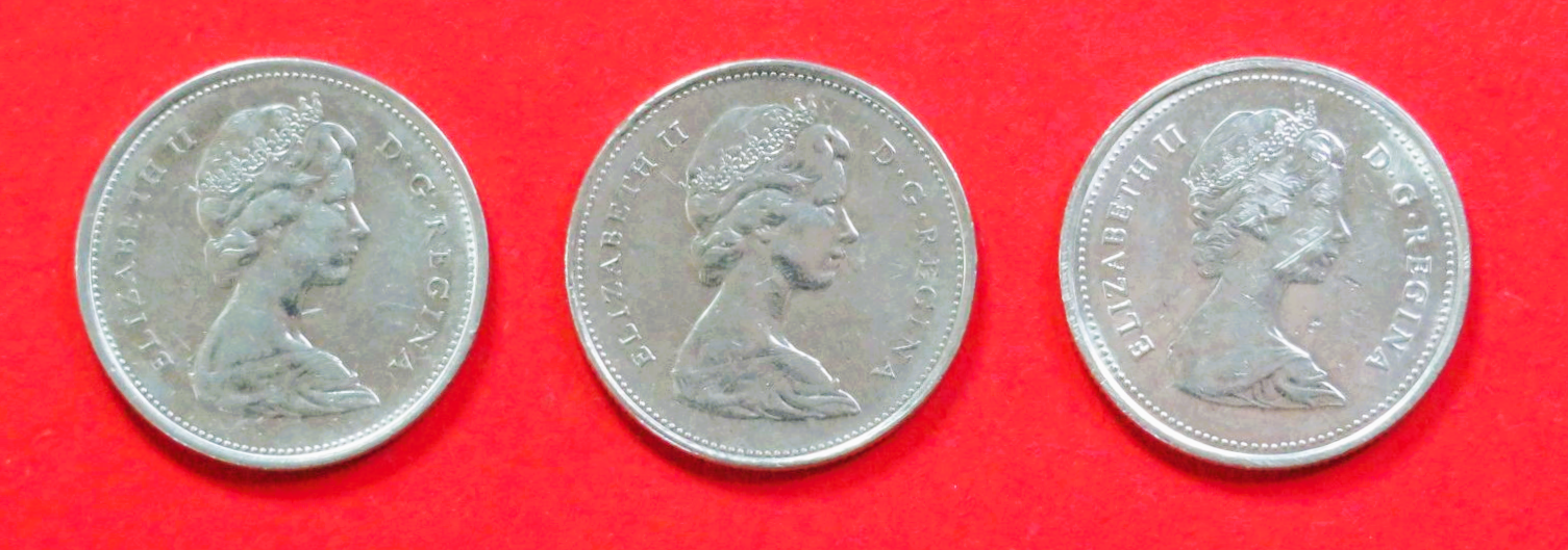Canada - Set:  3 x 25 Cents (variants), 1968-1989, circulated (used / vf), # 62b.1/62b.2/62b.3