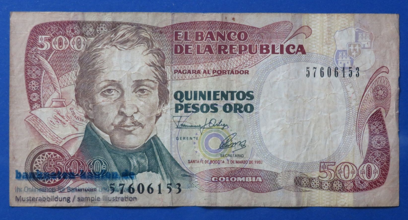 Colombia, 500 Pesos oro, 1992, circulated (USED / F-VF), P-431A