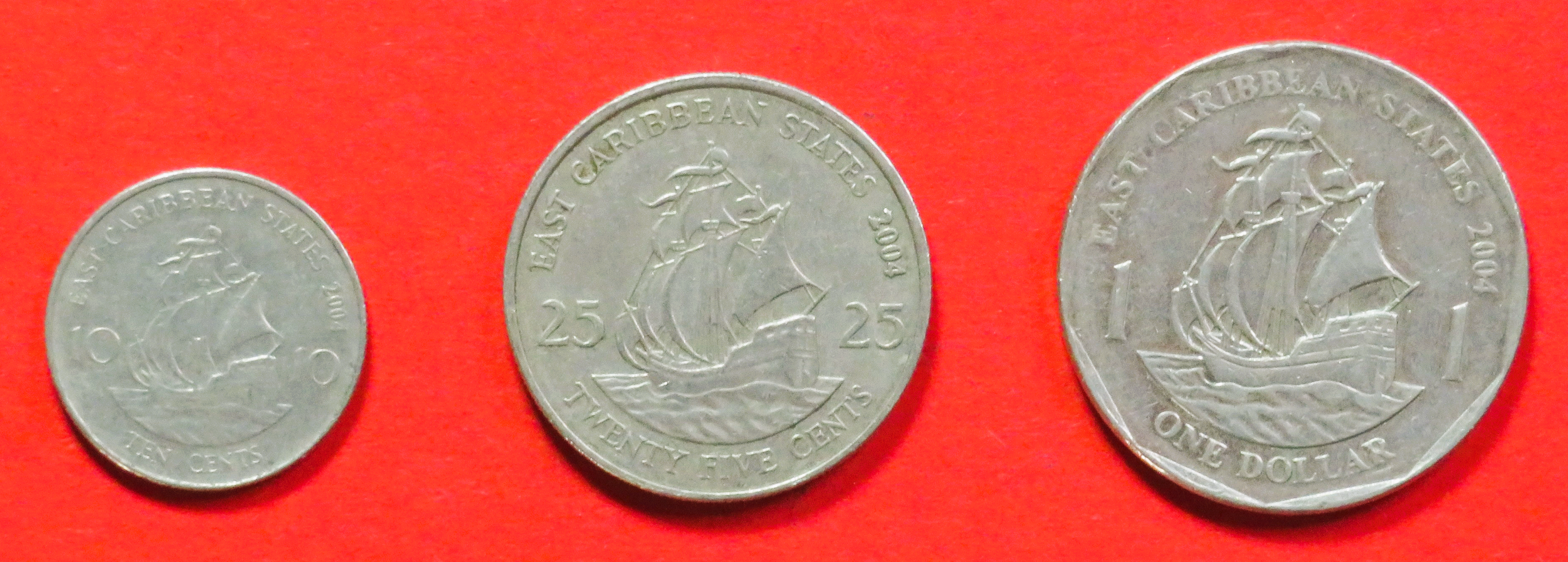 Ostkaribische Staaten - Set 4: 10/25Cents + 1 Dollar, 2002-2007, gebraucht (used / ss+), # 38-40