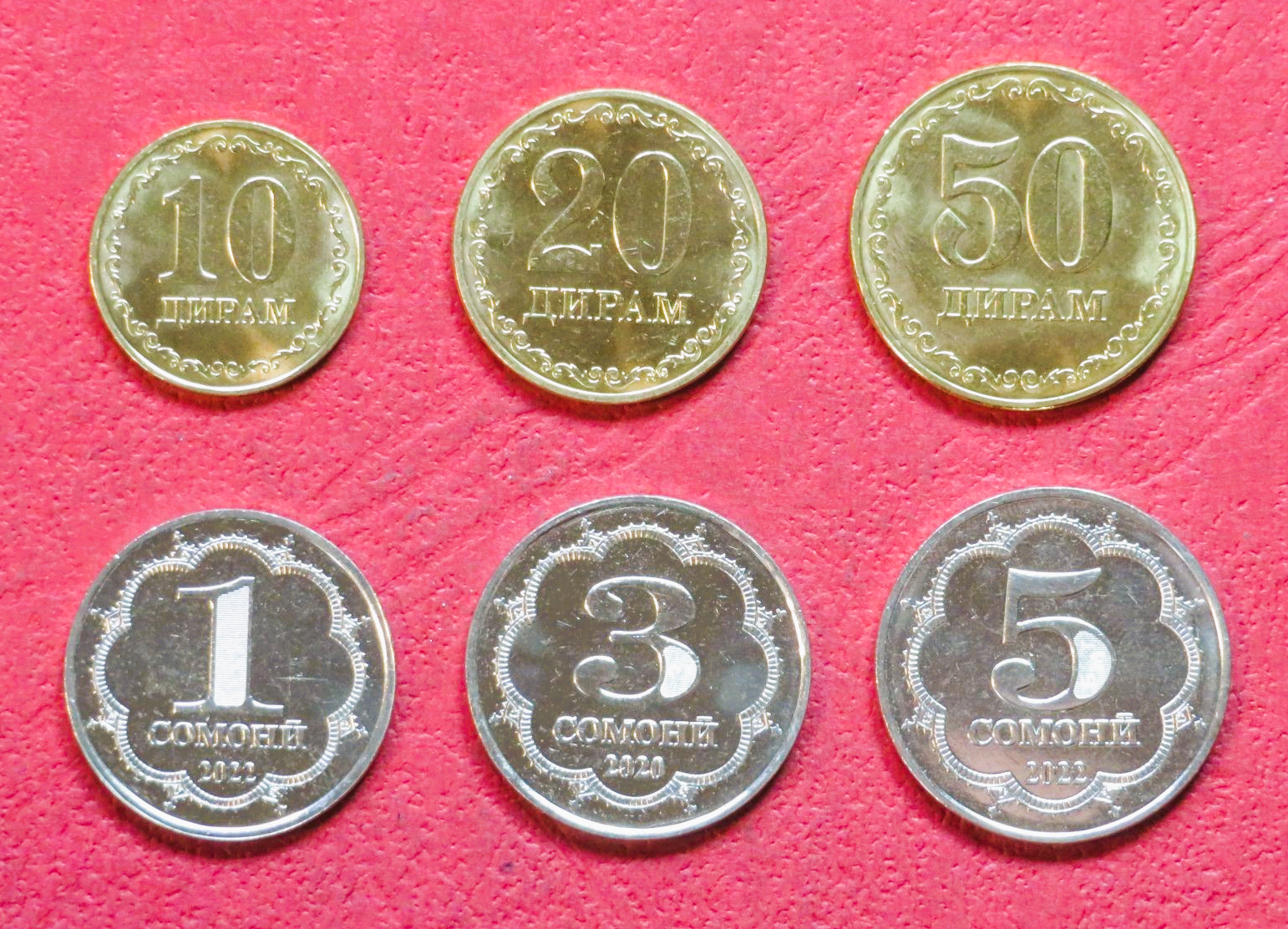 Tadschikistan, Set 6 Münzen, 0,1-5 Somoni, 2020-2022, bankfrisch (UNC)