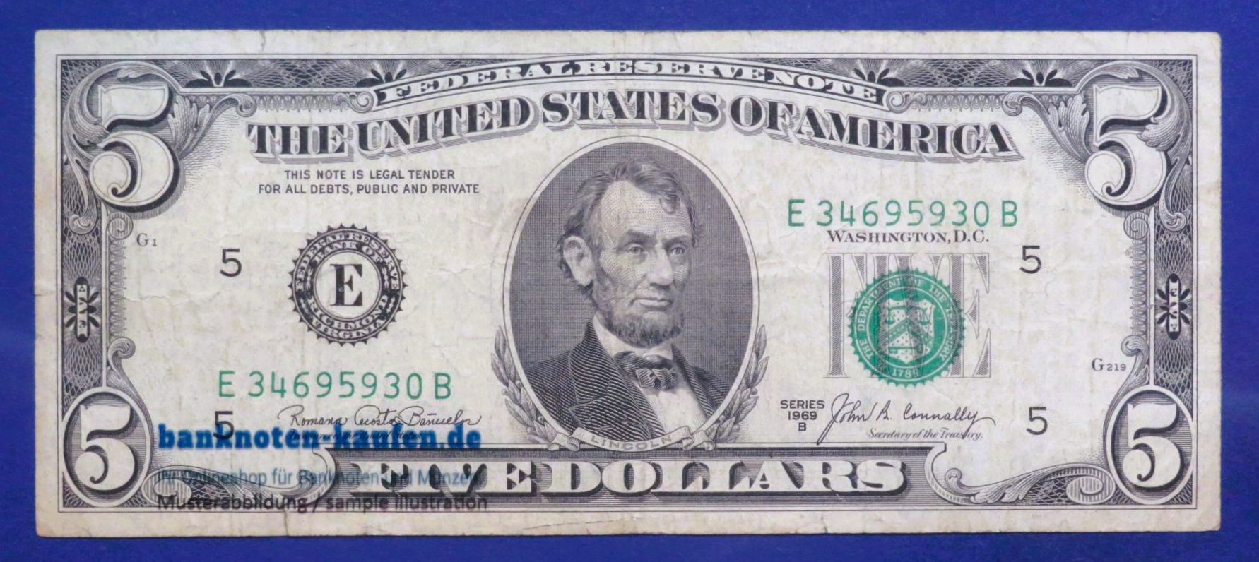 United States of America, 5 Dollars, 1969, circulated (USED / F), P-450a