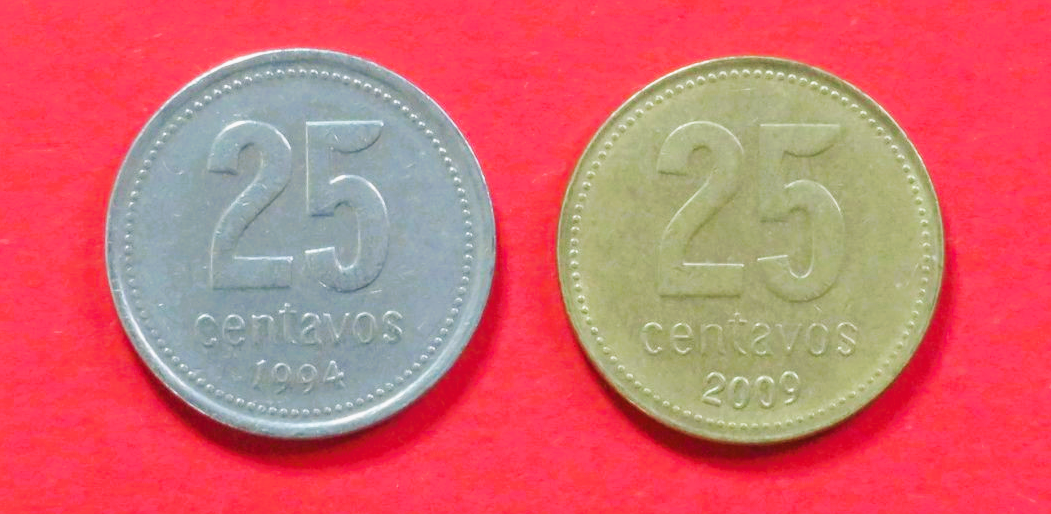 Argentina - Set:  2 x 25 Centavos, 1992+, circulated (used / vf), # 111/111a