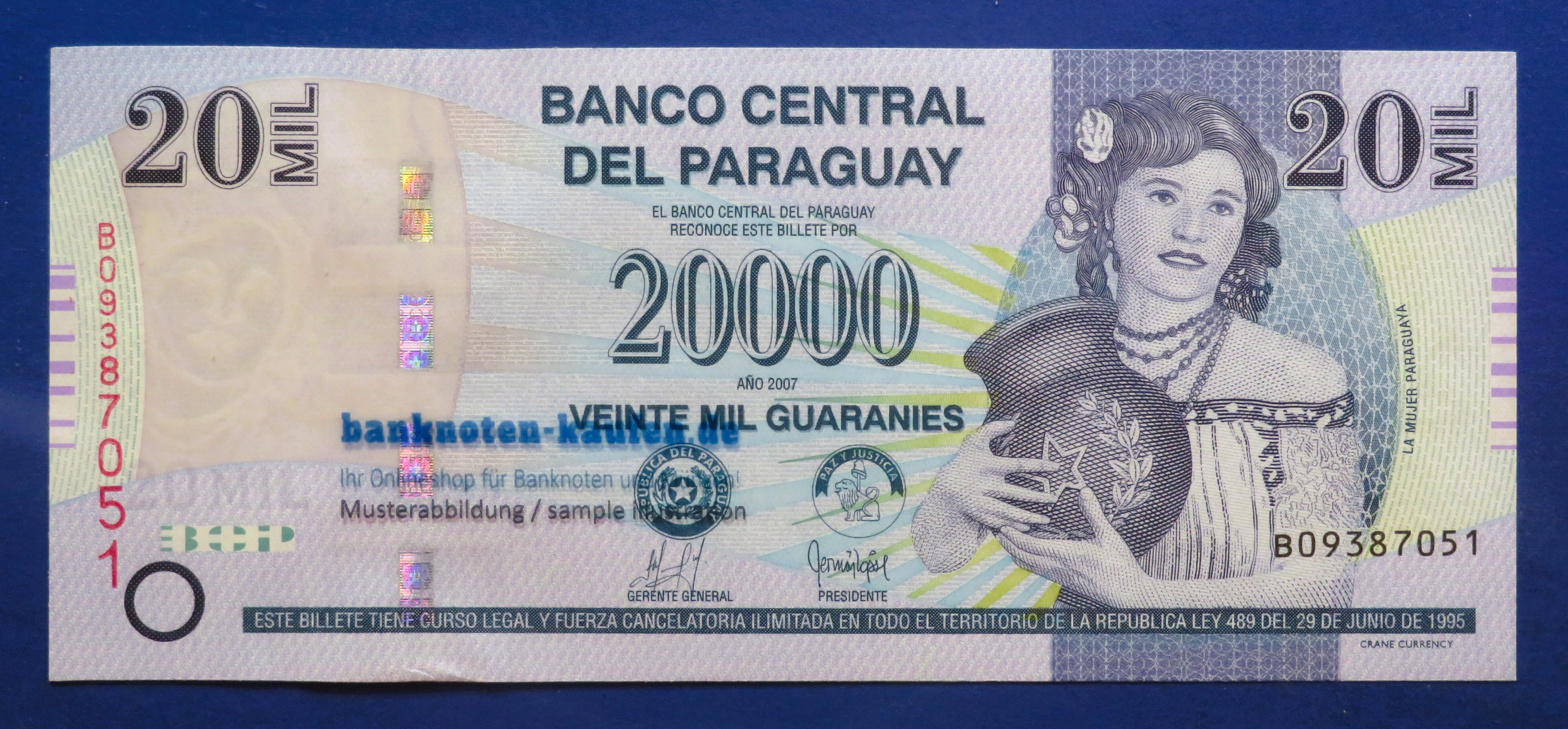 Paraguay - 20,000 Guaranies, 2007, about uncirculated (AU), P-230a