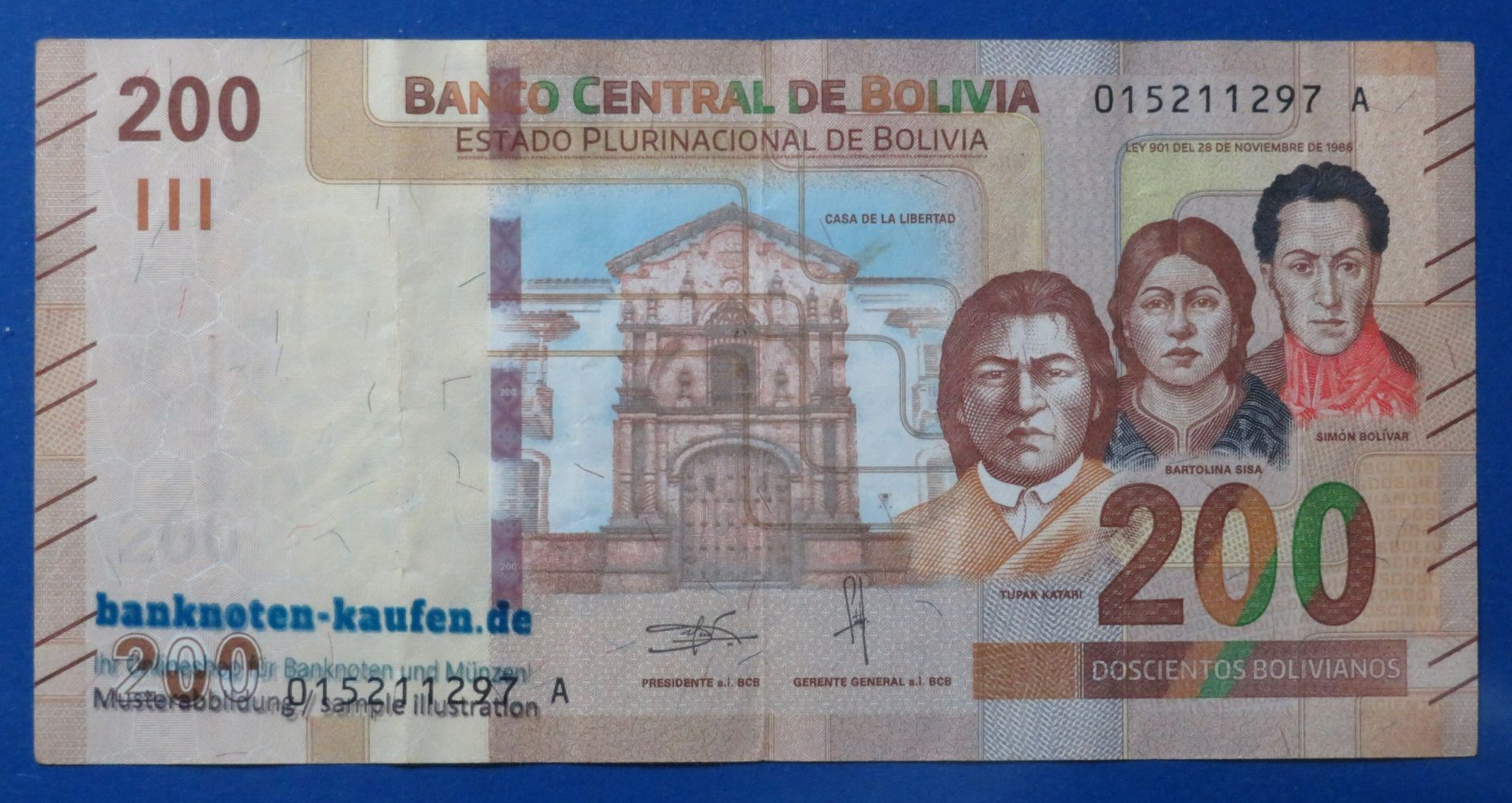 Bolivia, 200 Bolivianos, L. 1986 (2018ND), circulated (USED/ VF+), P-252