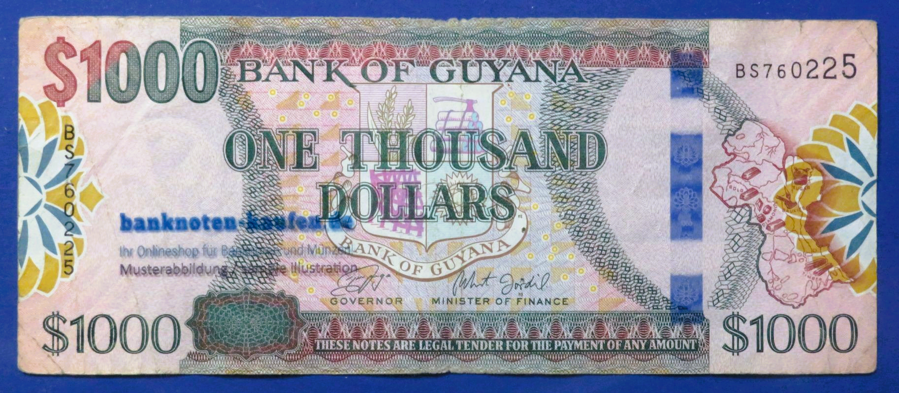 Guyana - 1,000 Dollars, 2019ND, circulated (USED / F)