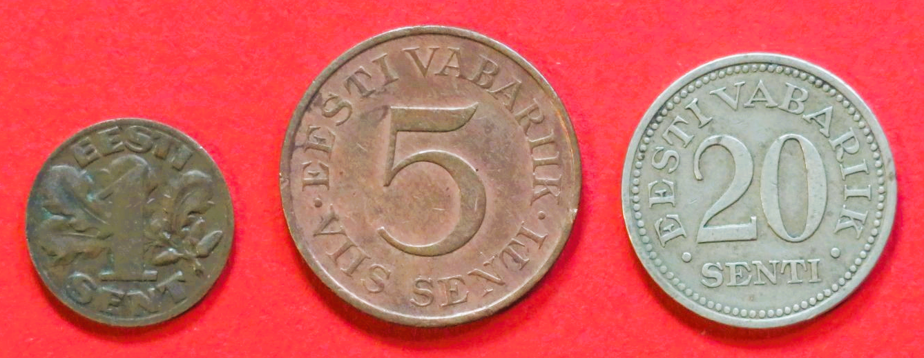 Estland - Set:  1/5/20 Senti, 1929/1931/1935, gebraucht (used / ss), #11/14/16