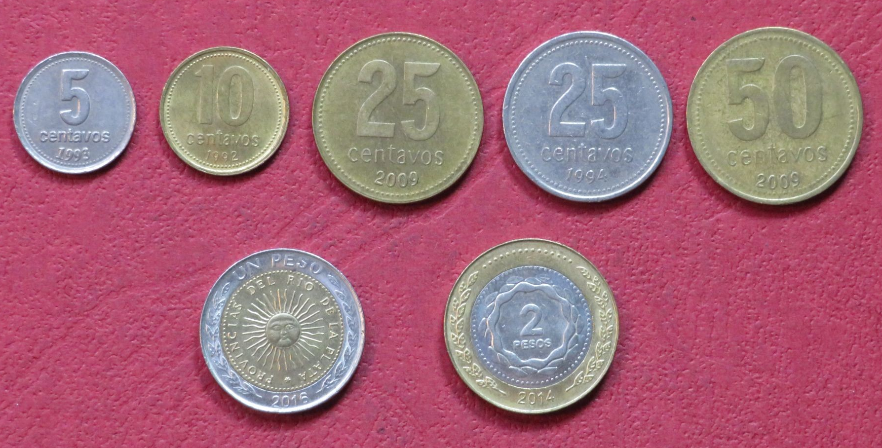 Argentinia - Set 7: Set of 7 coins, 0,05-2 Pesos, 1992-2015, USED