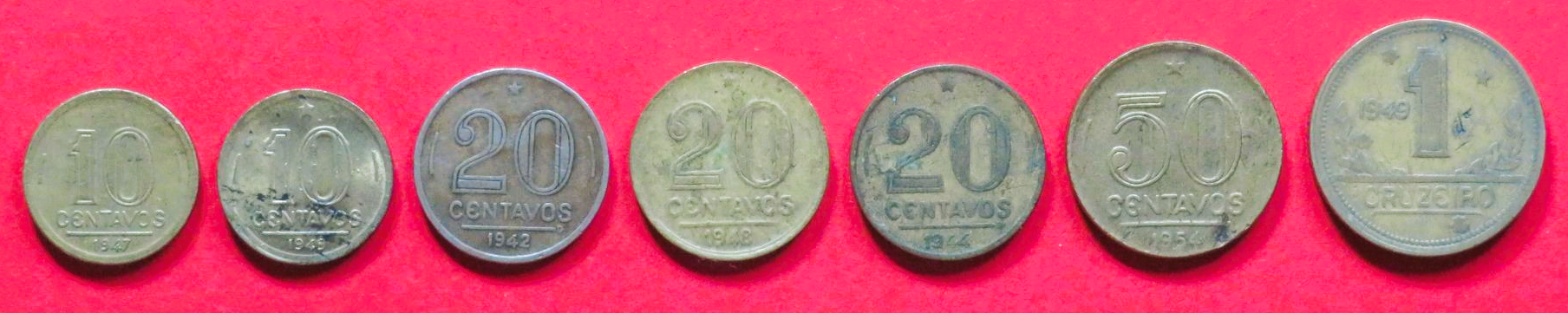 Brasilien - Set: 2x10/3x20/50 Centavos + 1 Cruzeiro, 1942-1954, gebraucht (used / ss)