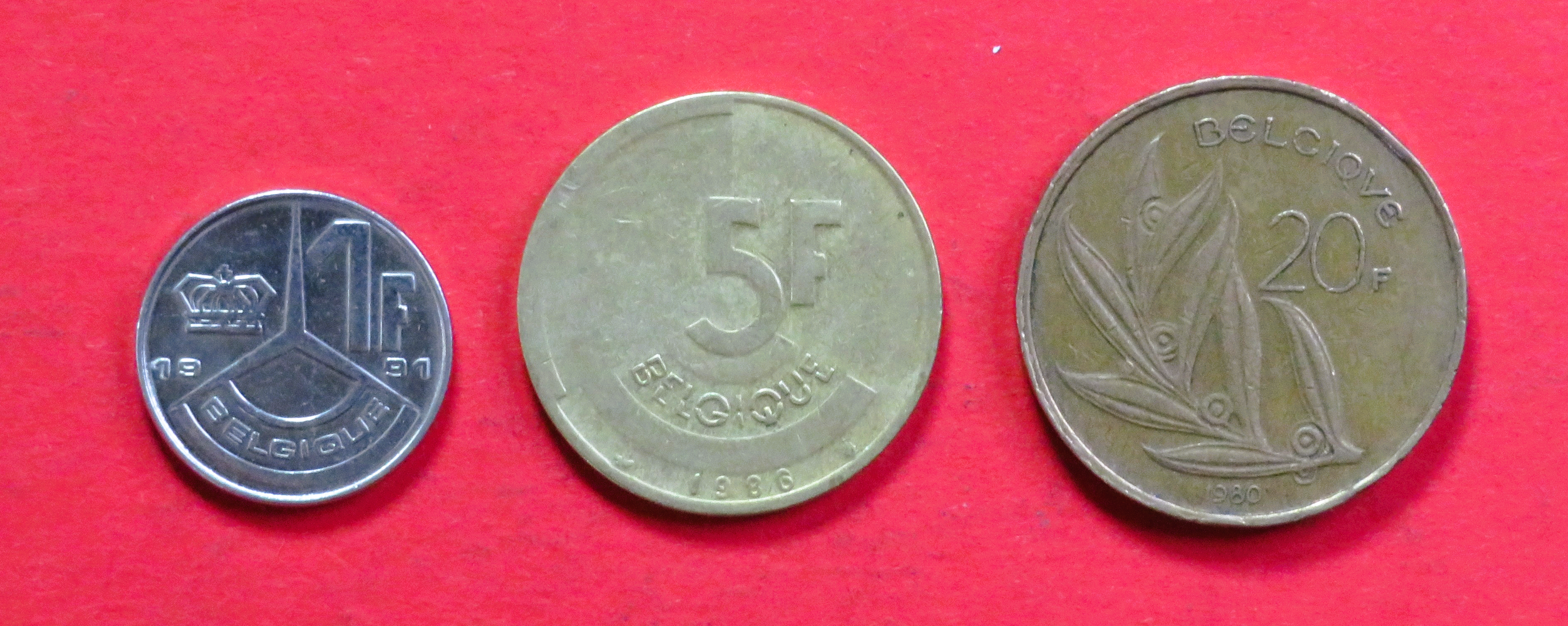 Belgium - Set 13:  1/5/20 Francs (fr-type), 1980-1993, circulated (USED / vf)