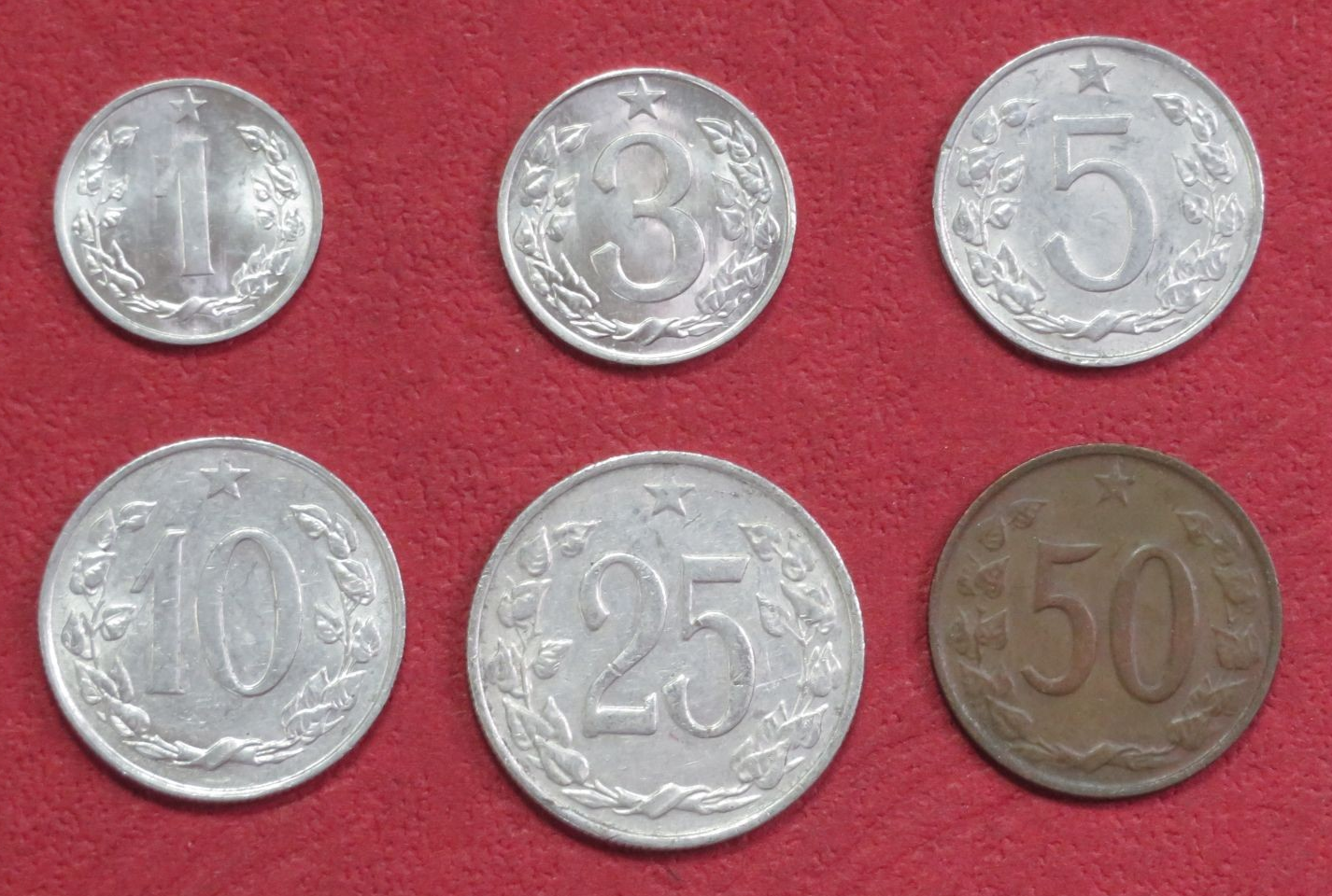 Czechoslovakia - Set 1: set of 6 coins, 0,01-50 Heller, 1962-76, circulated (USED) 