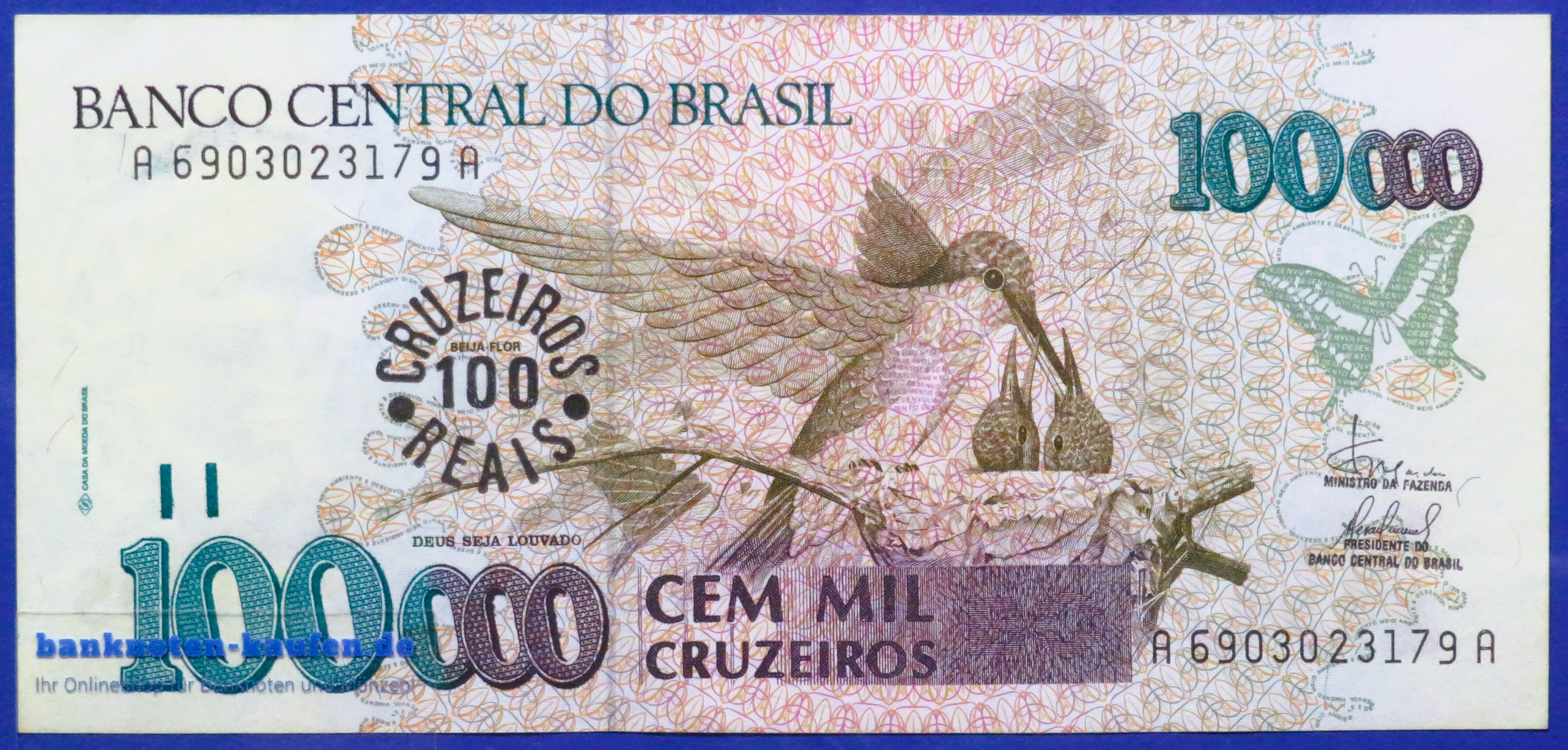 Brasilien, 100 Cruzeiros Reais auf 100.000 Cruzeiros, 1993ND, gebraucht (USED / XF), P-238