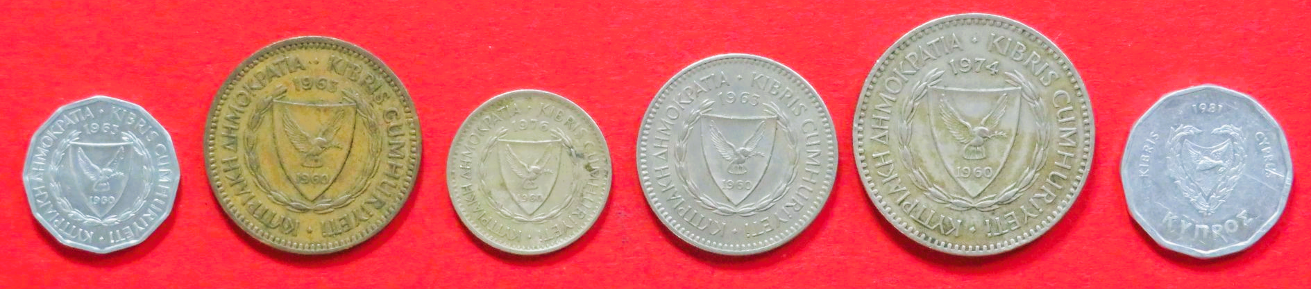 Zypern - Set 1:  1/5/5/25/50/100 Mils, 1963-1982, gebraucht (used / ss+), # 38-42, 51