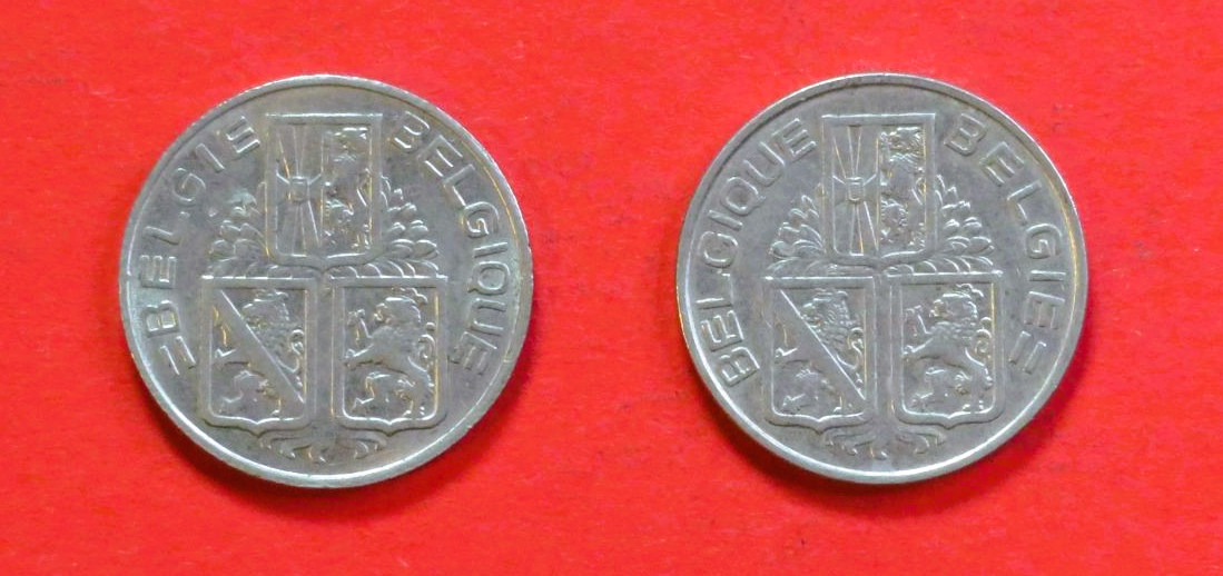 Belgium - Set 6:  1 Frank + 1 Franc (nl-fr / fr-nl), 1938-1940, circulated (USED / vf)