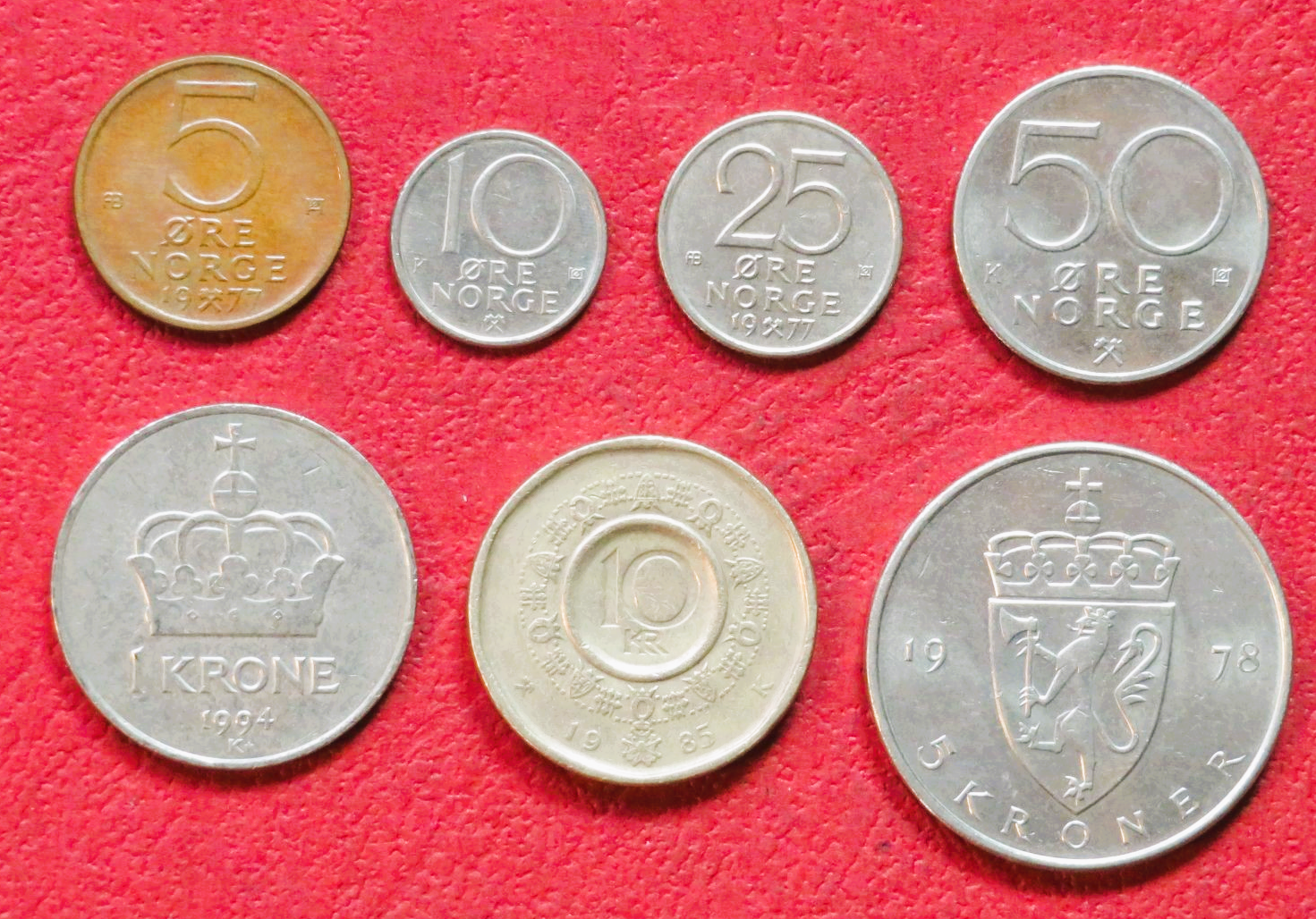 Norway - Set 5: set of 7 coins, 0,05-10 Kroner, 1973-1991, circulated (USED / vf)