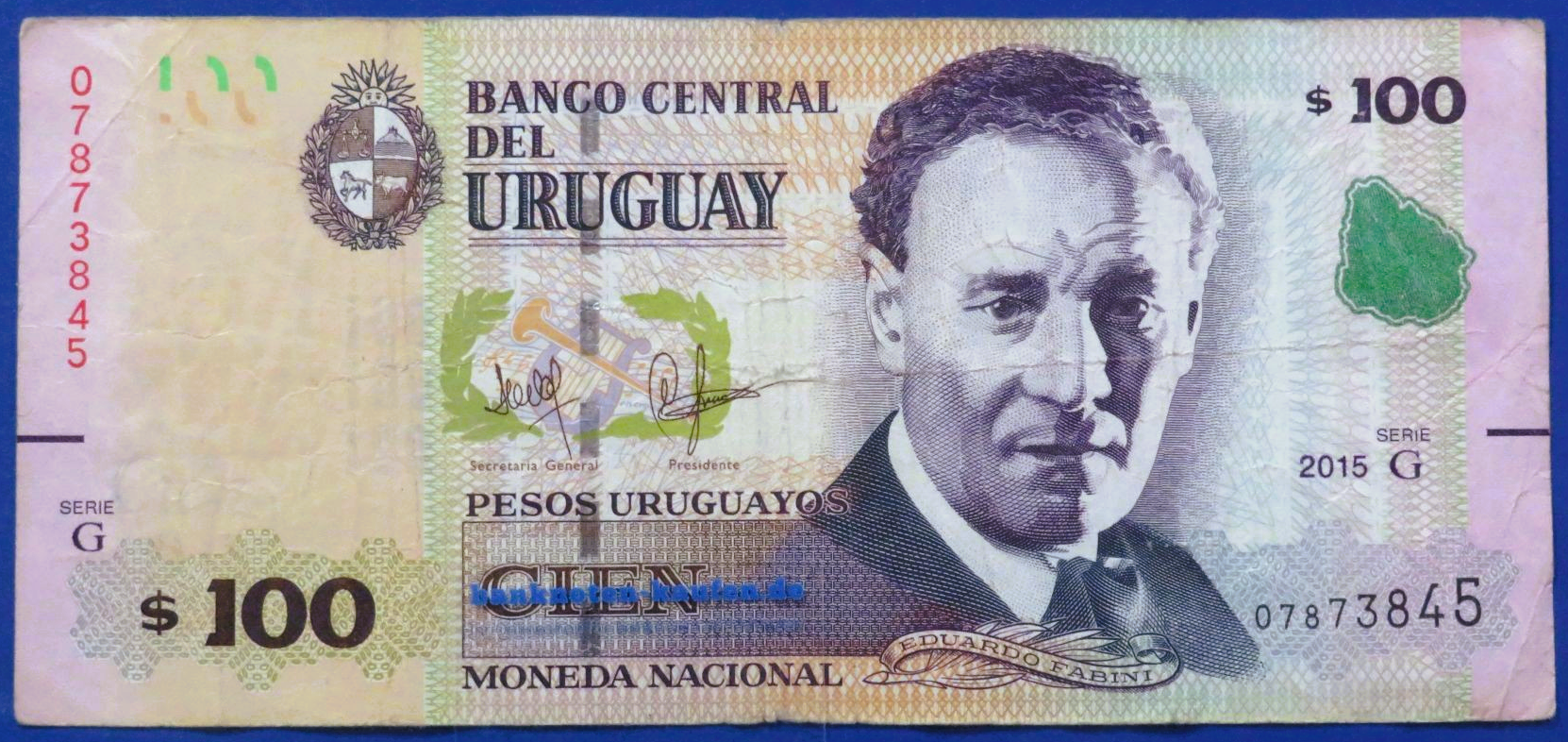 Uruguay, 100 Pesos Uruguayos, 2015, circulated (USED / F), P-95a